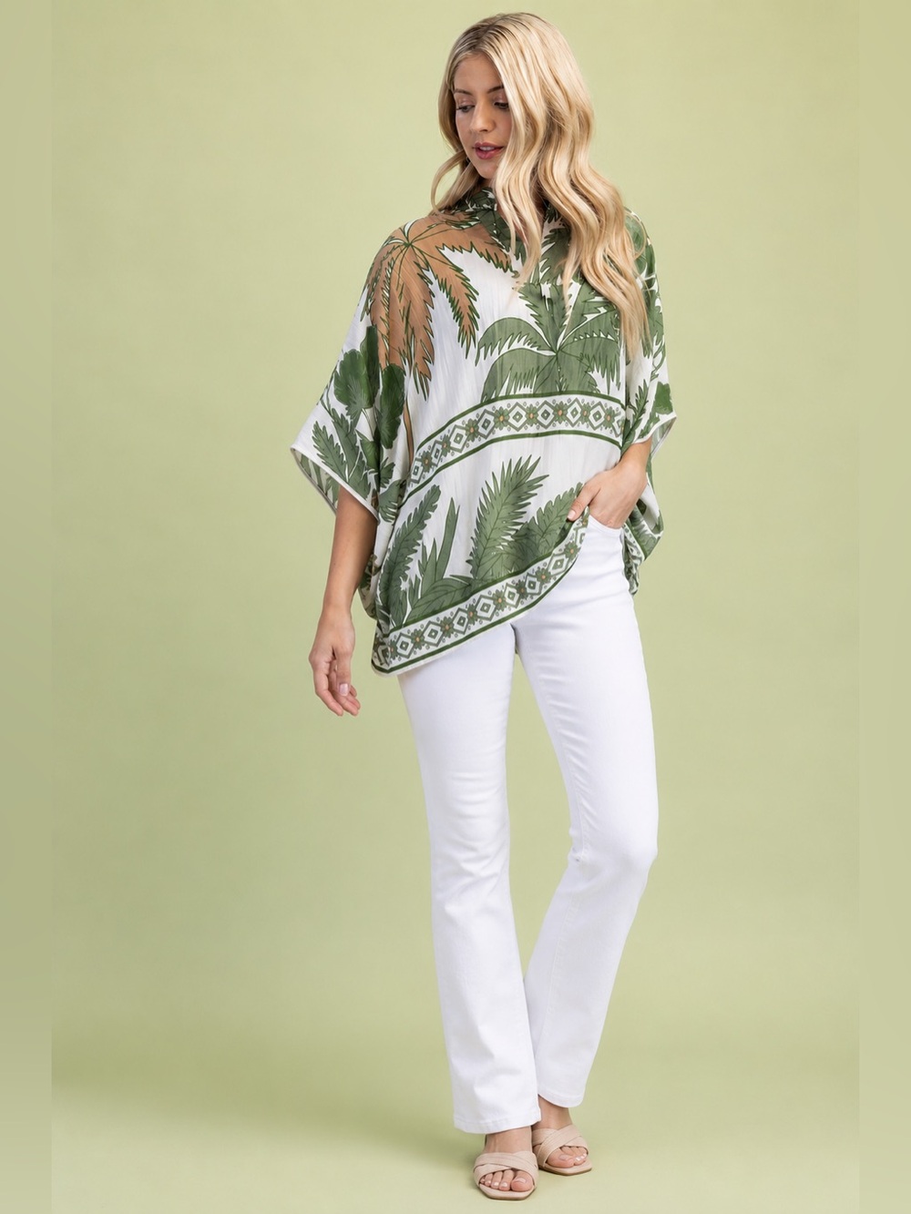 Green Palm Print Poncho Top